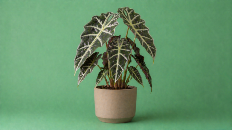 Alocasia kamerplant met grote donkergroene bladeren en opvallende witte nerven in pot, exotische en decoratieve kamerplant