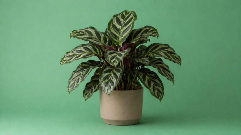 Calathea kamerplant met decoratieve donkergroene bladeren en lichte patronen in pot, tropische en luchtzuiverende kamerplant voor interieur