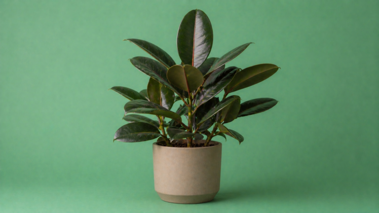 Ficus elastica (rubberplant) met grote, glanzende donkergroene bladeren in pot, sterke en luchtzuiverende kamerplant voor modern interieur