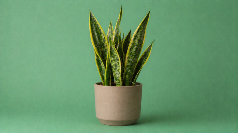 Sansevieria (vrouwentong) met rechtopstaande groene bladeren en gele randen in pot, sterke en luchtzuiverende kamerplant